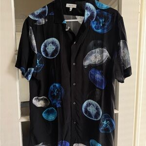 REISS Gleam Men's M Black and Blue Jellyfish Print Cuban Shirt, Regular Fit